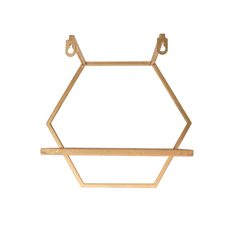 Hand-Crafted outlets Matte Gold Finish Hexagon Metal and Wood Wall Shelf